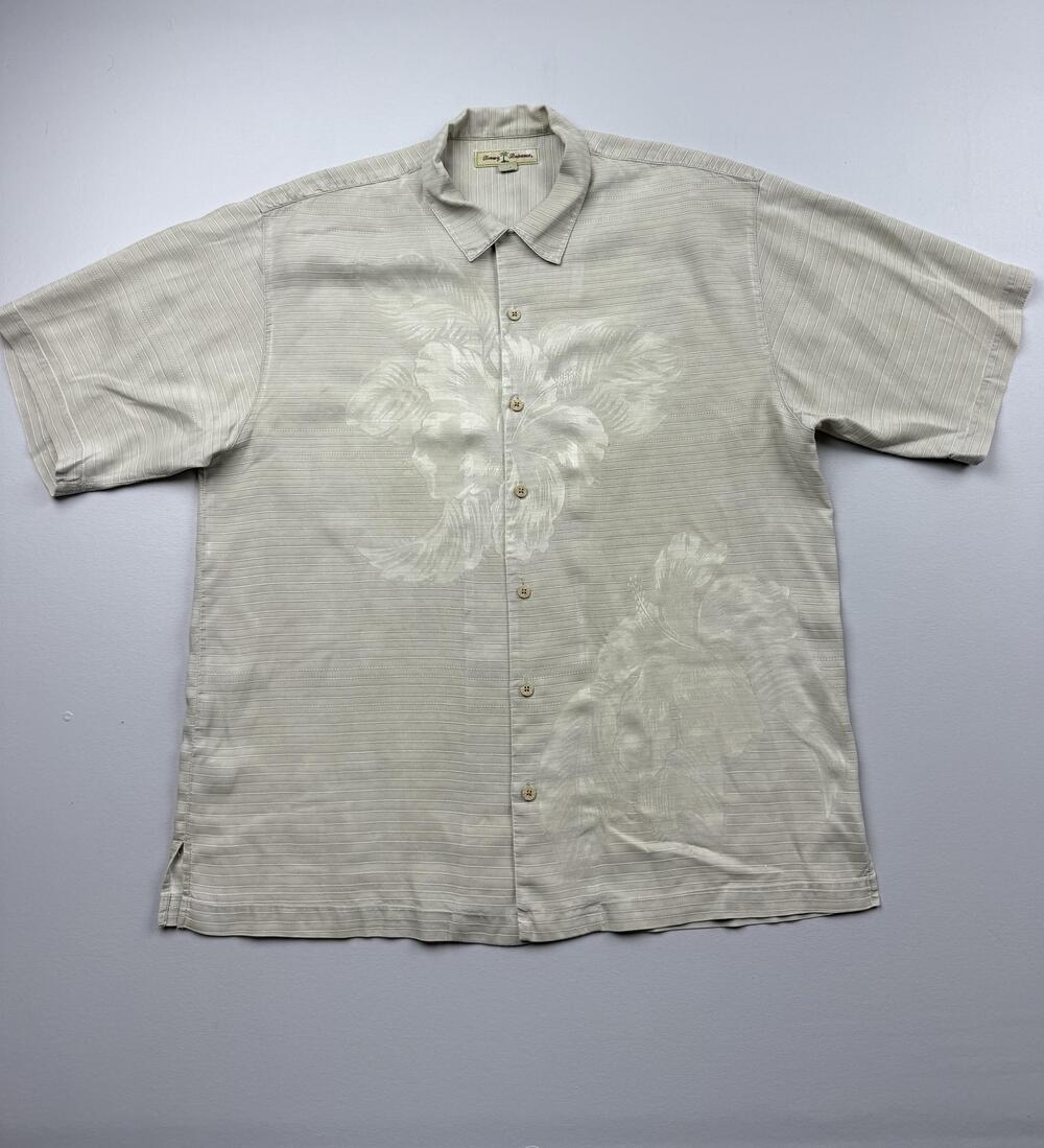Tommy Bahama Shirt Mens Large Beige Floral Short Sleeve Silk Button Up Tropical
